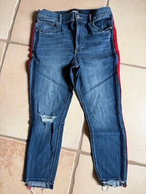Express Blue Skinny Jeans with Red Side Stripe